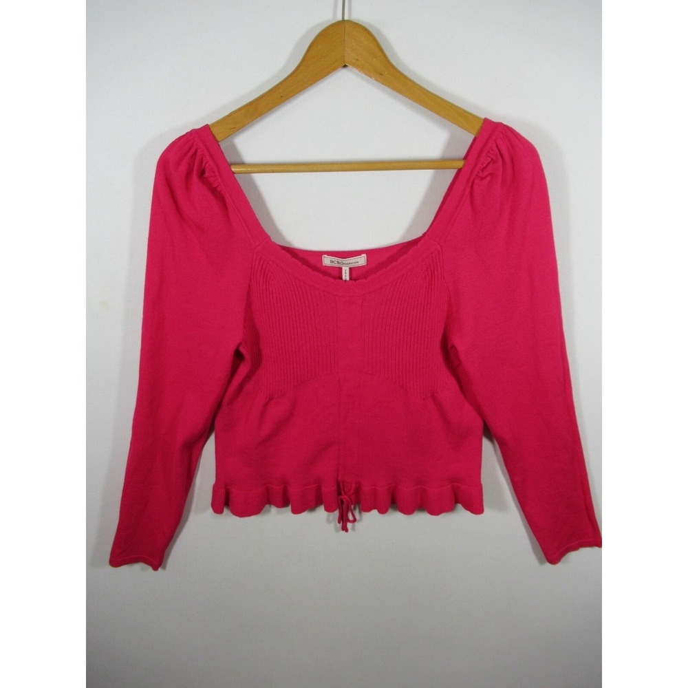 NEW BCBGeneration Puff Sleeve Cropped Sweater Junior Large Hot Pink Scoop Neck